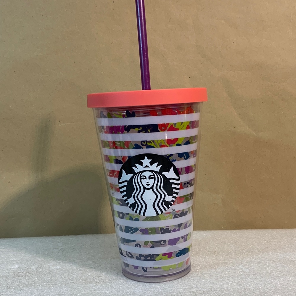 2017 Starbucks Multicolor Striped Tumbler with Purple Straw 16oz.